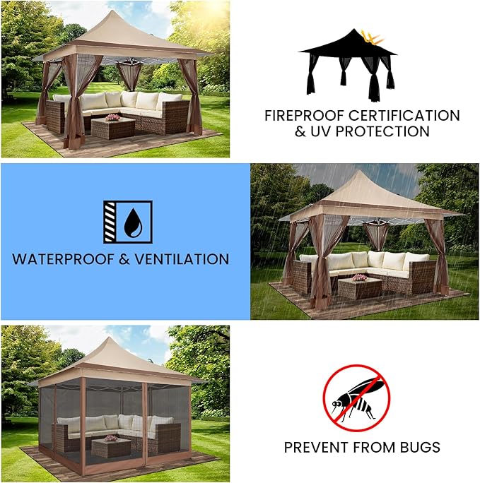COBIZI 12x12 Pop up Canopy Gazebo on Clearance, Outdoor Canopy Tent with Mosquito Netting & Sandbags,Patio Portable Gazebo for Garden,Backyard & Lawn,Khaki