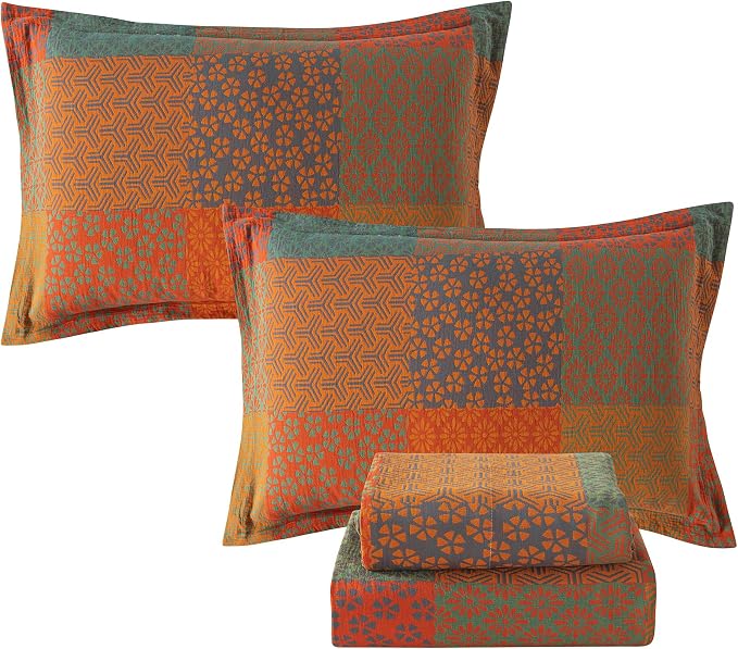 FADFAY Grid Sheets Set King Vintage Checkered Floral Bedding Shabby Geometry Farmhouse Bedding Super Soft Washed Double -Layer Muslin Sheets 100% Cotton Deep Pocket Fitted Sheet 4Pcs, King Size