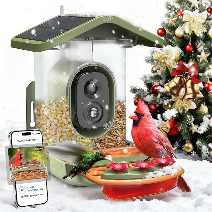 Rayki Solar Smart Bird Feeder with Camera, 2K HD Live Video with AI Identify Bird Species, Real-Time Motion Detection, Outdoor Watching Birdhouse