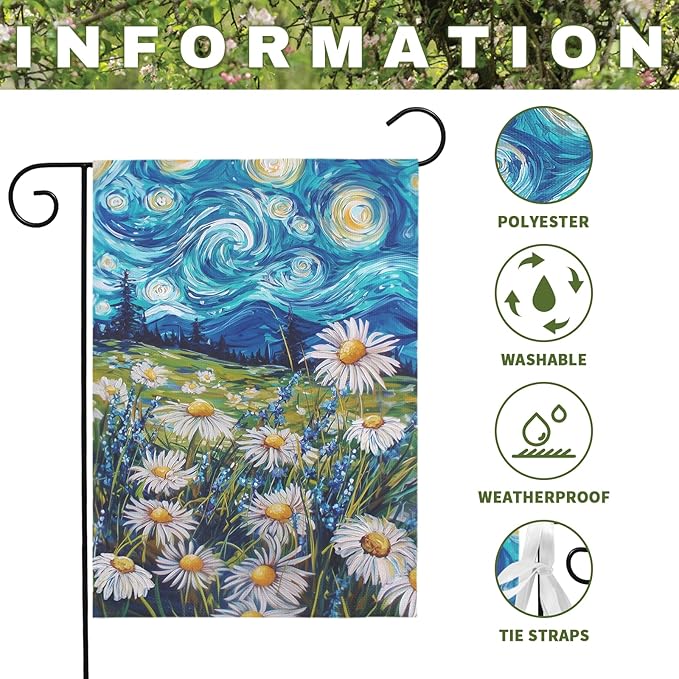 Spring Daisy Garden Flag Starry Night Van Gogh Style Yard Flags Vibrant Floral Meadow Landscape Seasonal Welcome House Banners for Summer Patio Lawn Porch Farmhouse Outdoor Decor 12x18 Inch