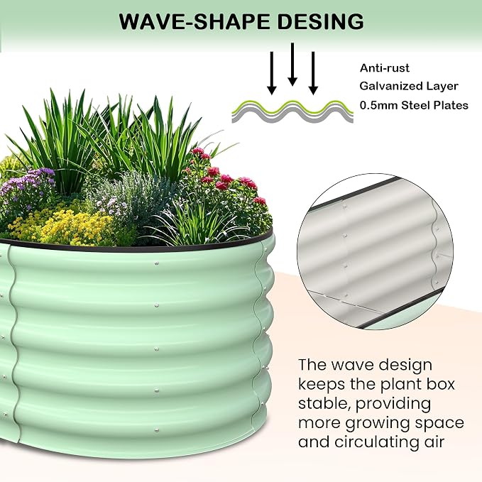 GarveeLife 2 Pcs 6x3x1 ft Oval Raised Garden Bed, Galvanized Raised Beds,Open-Ended Base Metal Raised Planter Beds,Garden Bed Outdoor,Planter Raised Boxes for Vegetables, Flowers,Tool-Free Asse,Green