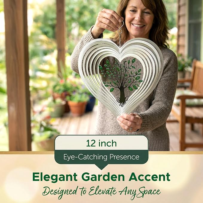 Silver Heart Wind Spinners Outdoor, Birthday Gifts for Women Mom Grandma, 12 Inch 3D Stainless Steel Hanging Wind Spinner for Yard and Garden, Tree of Life Design, Porch Patio Decor