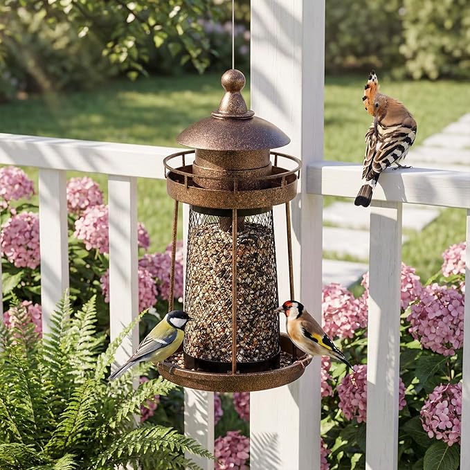Lavezee Bird Feeder for Outdoors, Large Capacity Hanging Bird Feeders for Outside Wild Birds Hummingbird Parrot, Bronze