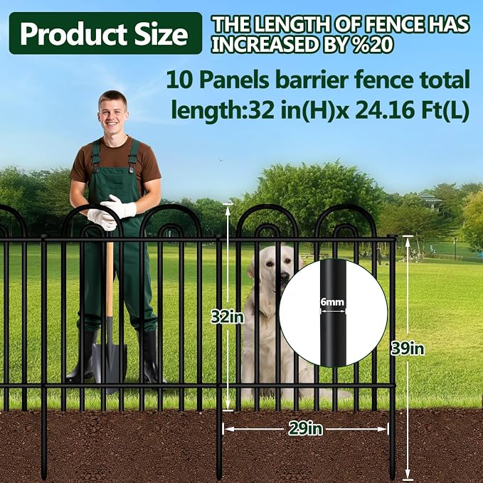 Decorative Garden Fence, 10 Panels No Dig Fence, 32 in(H) x 24.16 ft(L) Animal Barrier for Dogs Rabbits, Rustproof Metal Arched Decorative Garden Fences for Flower Bed, Outdoor, Yard, Patio