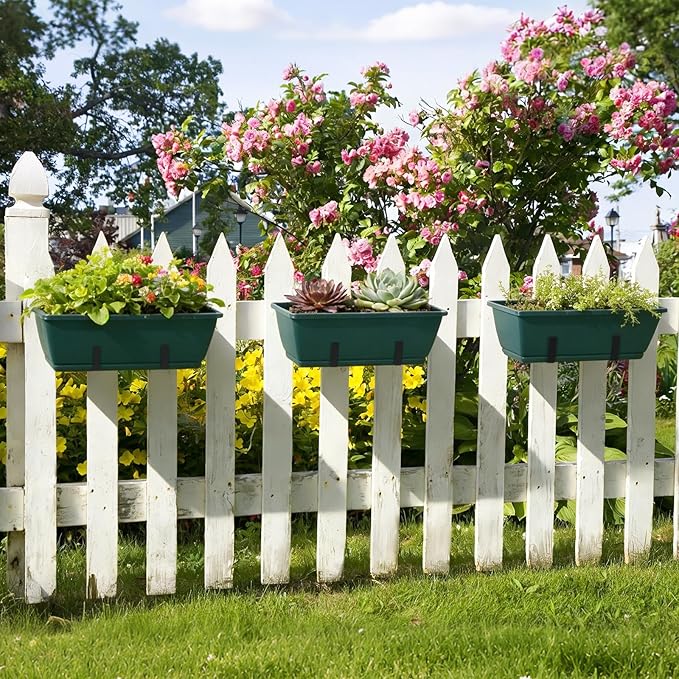 Railing Planter Box 4 Pack Deck Porch Railing Planters 17 inch Window Boxes Planters with Adjustable Brackets, Hanging Wall Planters for Plants, Fence Apartment Balcony Patio Over Rail Decor, Green