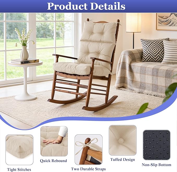 Rocking Chair Cushion, Waterproof and Fade-Resistant Adirondack Rocker Cushions, Indoor/Outdoor Rocking Chair Pads, High Back Memory Foam Patio Furniture Cushions with Ties, 44x23x4 Inch, Beige