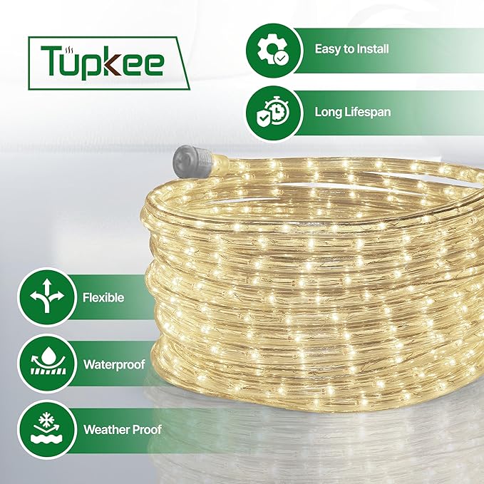 Tupkee LED Rope Light Warm-White - 24 Feet (7.3 m), for Indoor and Outdoor use - 10MM Diameter - 144 LED Long Life Bulbs Decorative Rope Tube Lights - Pack of 2