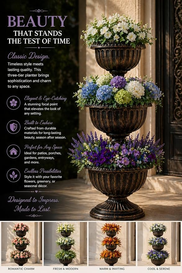 Gardenised Outdoor Garden Triple Stacked Flower Bowl Urn Tier Planter Decoration, Bronze