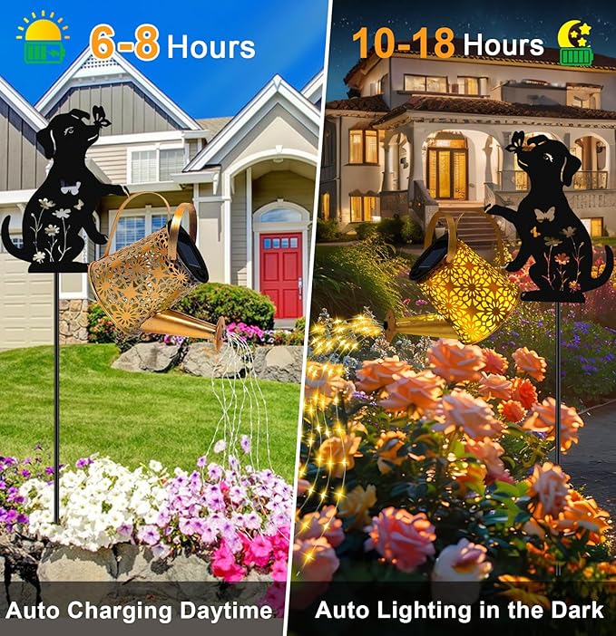 Solar Lights Outdoor Decorative, Watering Can with Cascading Lights, with Dog Silhouette Garden Stakes, Waterproof Metal Garden Decor Mom 2 Pack
