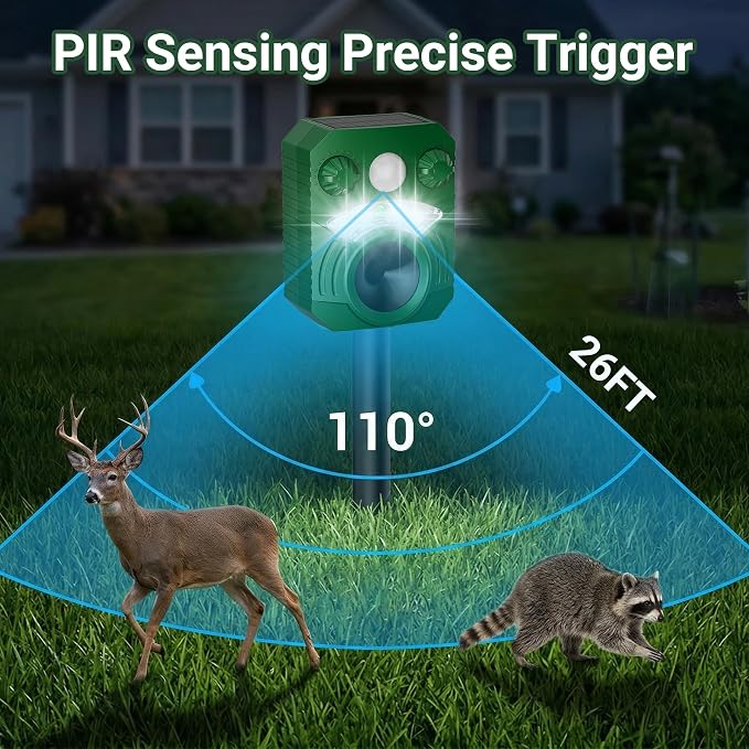 Cat Repellent Outdoor Deer Repellent Device Dog Repeller Solar Animal Repellent Ultrasonic Squirrel Repeller Waterproof with Flashing Light Motion Activated Sensor 2 Pack