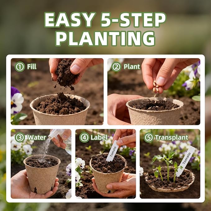 CLEANGOR 70Pcs Biodegradable 3.15” Peat Pots with 70Pcs Plant Labels, Biodegradable Seed Starter Pots with Drainage Holes, Nursery Pots for Seedlings, Herbs, Vegetables, Flowers, Gardening Kit