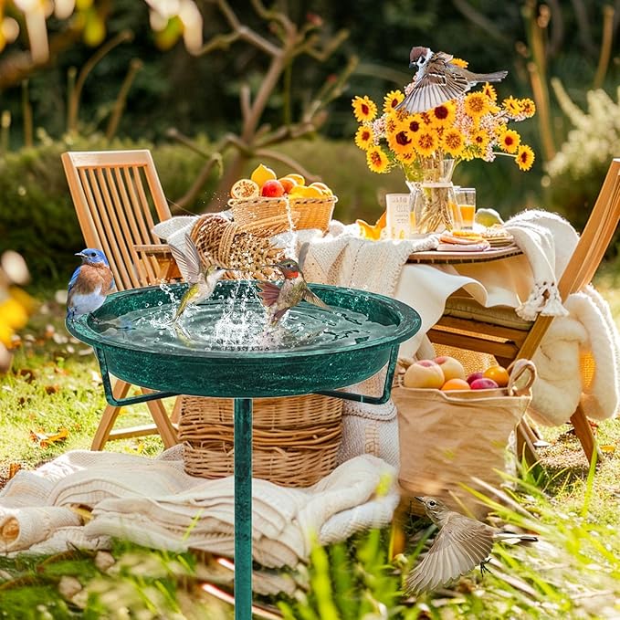 Metal Bird Bath for Outside, 36.2" Height Birdbath Bowl Standing Bird Feeders for Outdoors with 4 Prongs Base Stake, Freestanding Birdfeeders for Garden Yard Lawn Decor (Retro Green)