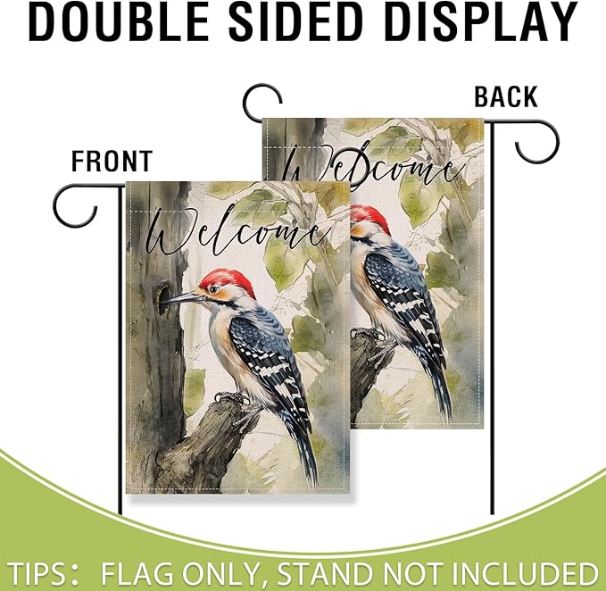 Artofy Welcome Woodpecker Small Decorative Garden Flag, Spring Summer Watercolor Bird Tree Yard Lawn Outside Decor, Seasonal Burlap Outdoor Home Decoration Double Sided 12 x 18