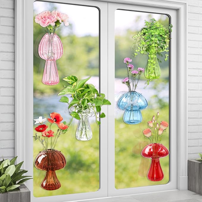 6Pcs Window Propagation Stations Colored Mushroom Propagation Vases with 8Pcs Suction Cups Glass Window Wall Hanging Planter Holder Small Bud Vases for Flowers Plant Home Decor