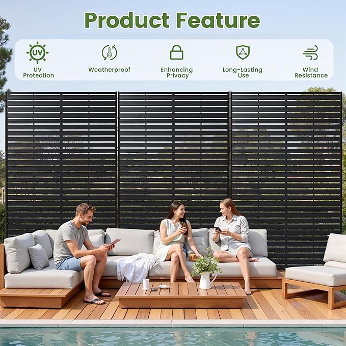 Outdoor Privacy Screen 72" H HDPE Decorative Panel Freestanding Privacy Fence with Stand, Privacy Screens with Louvered 6 Panels, Weather-Resistant Panel Fence for Patio, Balcony, Pool,Black