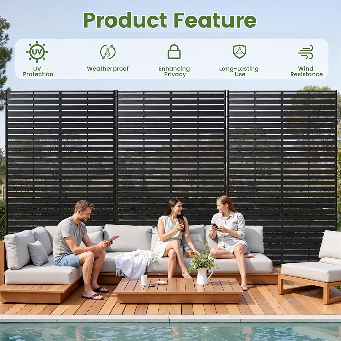 Outdoor Privacy Screen 72" H HDPE Decorative Panel Freestanding Privacy Fence with Stand, Privacy Screens with Louvered 6 Panels, Weather-Resistant Panel Fence for Patio, Balcony, Pool,Black