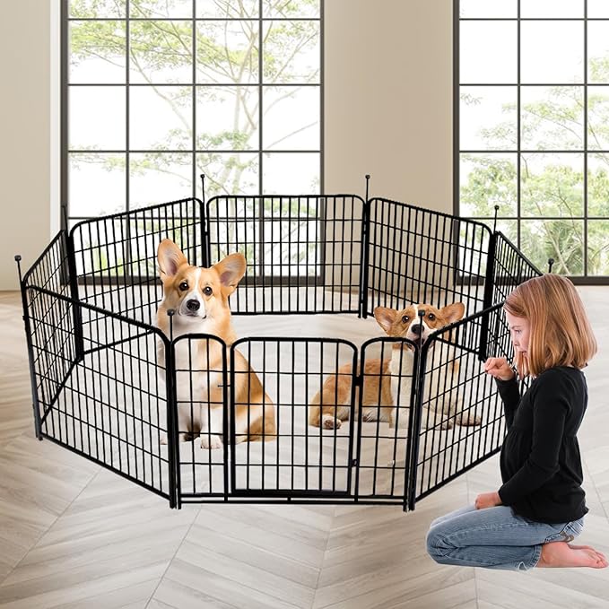 Getlay Tall Garden Fence with Gate 48 in(H)×27 in(L) 12 Panels Total 26.6 Ft(L), Garden Fencing to Keep Dogs Out, Heavy Duty Iron Metal Animal Barrier Fence, Flower Bed Fencing