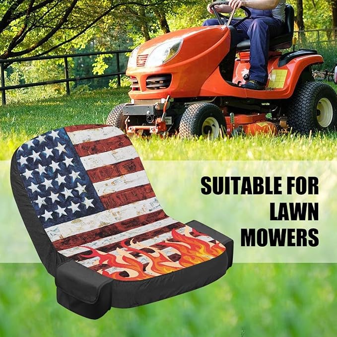 American Flag Riding Lawn Mower Seat Cover Waterproof Tractor Seat Cover with Drink Pouch Non Slip Agricultural and Industrial Vehicle Seats Covers Gift for Holiday