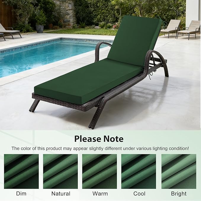 Chaise Lounge Cushions Outdoor, 80x 26x 3 Inch Waterproof & Fade-Resistant Lounge Chair Cushion, Outdoor Chaise Cushion with Removable Cover & Ties for Lawn, Patio, Pool & Beach, Forest Green
