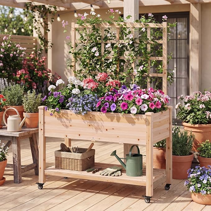 HAPPYGRILL Wooden Raised Garden Bed with Trellis, 65'' Elevated Planter Box w/Legs on Wheels, Liner & Drainage Holes for Climbing Plant Vegetable Flower, Outdoor Garden Box for Backyard Balcony (2)