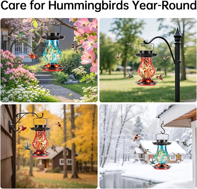 DesGully Solar Hummingbird Feeder for Outdoor - 25 fl.oz Hand Blown Glass Hummingbird Feeders for Outdoors Hanging, Large Capacity with Moat, 6 Colors Changing Light Outside Garden Decor (Blue)