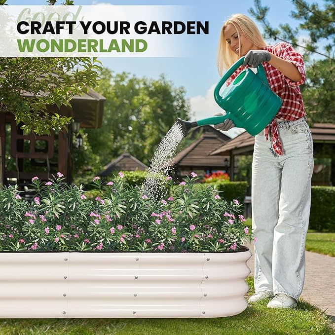 G GOOD GAIN Raised Garden Beds - 8x2x1ft Galvanized Planter Boxes Kit with Protective Tape & Gloves & Tools | Oval Metal Outdoor Raised Bed for Gardening Vegetables, Fruits, Flowers, Herbs, White