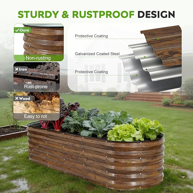 ZORMY Galvanized Raised Garden Bed Outdoor- 6x2x1.4ft Oval Steel Raised Beds for Gardening, Metal Planter Box with Protective Strip and Gloves for Vegetables, Flowers, Fruits (Brown)