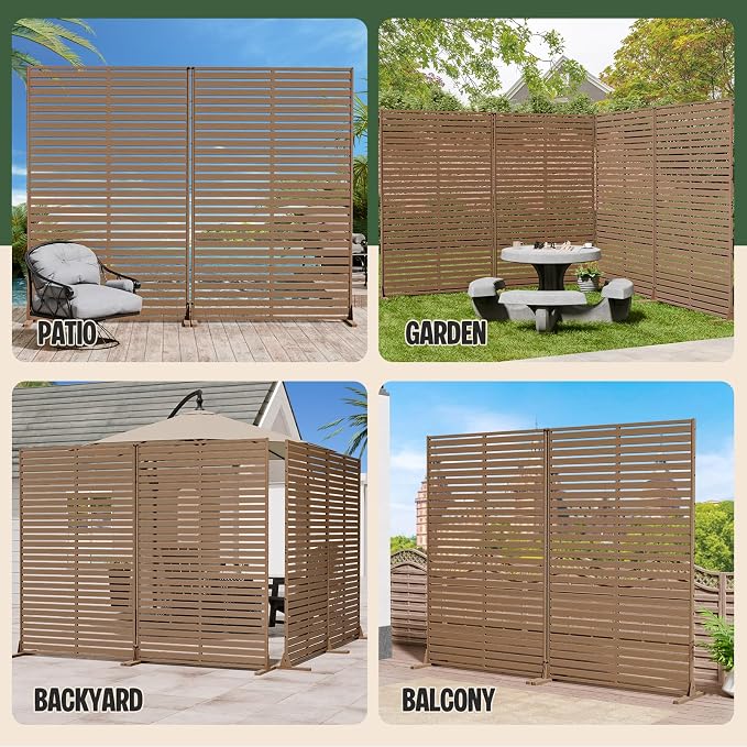 Outdoor Privacy Screen Panel 72" Freestanding Privacy Fence with Stand, HDPE Decorative Privacy Screens with Louvered 6 Panels, Weather-Resistant Panel Fence for Patio, Balcony,Pool, Brown
