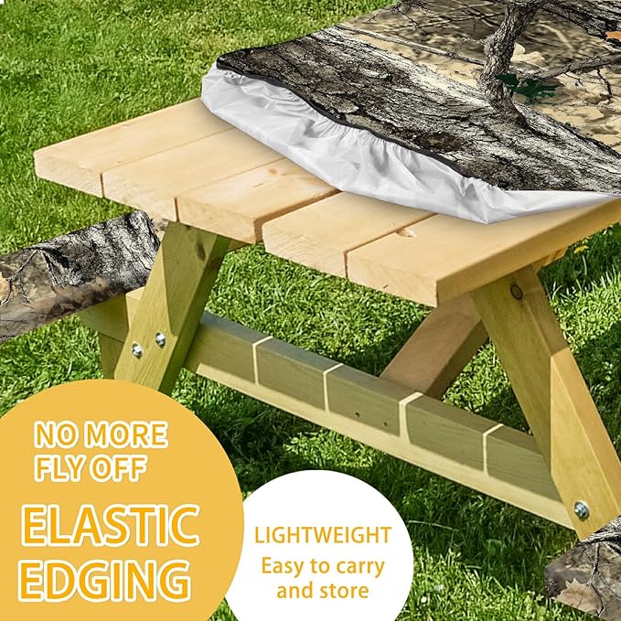 Picnic Table Cover with Bench Covers 72IN 6FT, Camping Essentials Tablecloth Waterproof Oilproof with elastic Edge for Indoor Outdoor Patio (Camouflage)