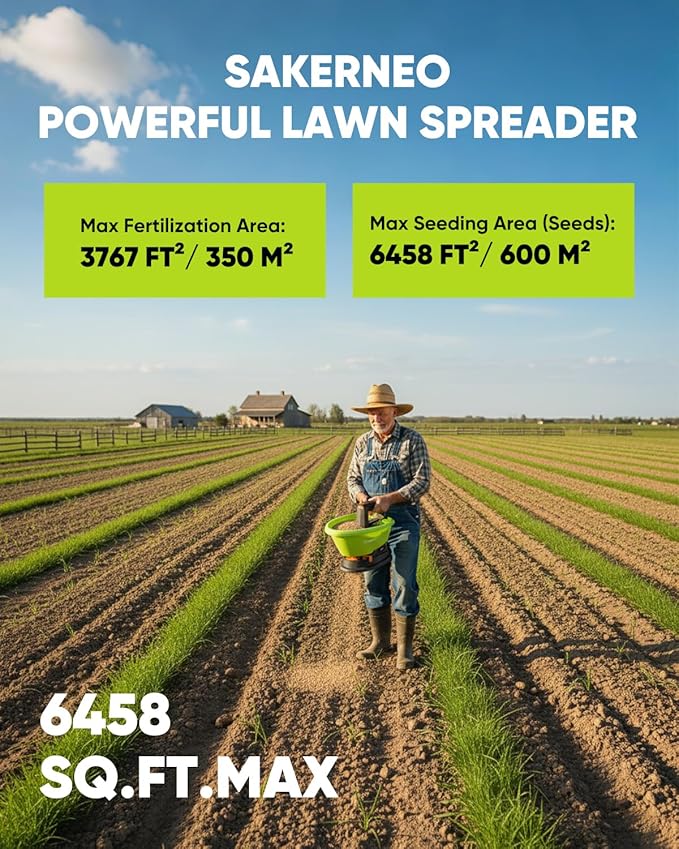 SAKERNEO Handheld Lawn Spreader - 7.2V Battery Powered Seed & 135° Fertilizer Spreader, 3L Large Capacity for 6400 Sq.Ft, 7 Settings & 5 Angles, Rechargeable Grass Seeder for Even Lawn Care