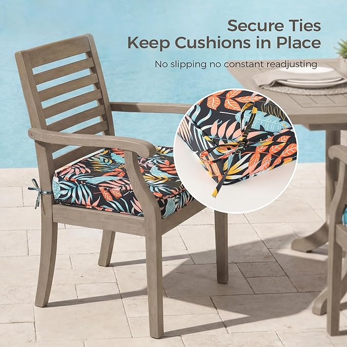 UNIKOME Outdoor Chair Cushions Set of 4, Water Resistant Patio Seat Cushions with Ties for Outdoor Furniture, High-Density Foam, UV & Fade Resistant, Piped Edge – 18.5" x 16" x 3", Colorful Leaves