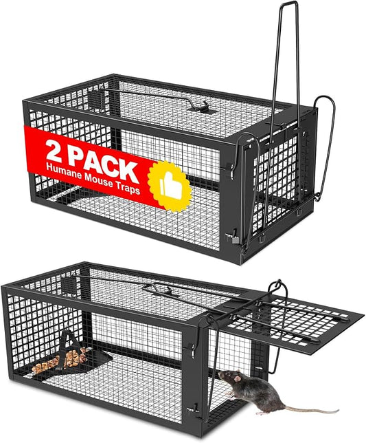 2 Packs Humane Rat Trap Outdoor Mouse Traps Indoor Use, Rodent Chipmunk Traps for Small Live Animal Catch and Release - Black