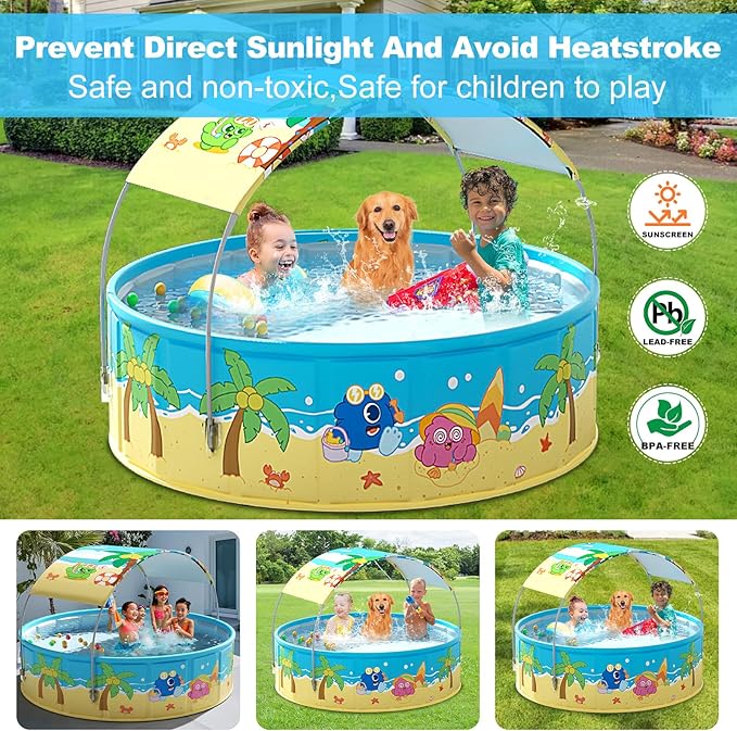 Foldable Swimming Pool with Canopy for Kids 62.9"x17.7" Hard Plastic Portable Dog Pool Anti-Slip Collapsible Pets Bathtub Kiddie Pool Indoor Outdoor Backyard (JellieMons 63'')