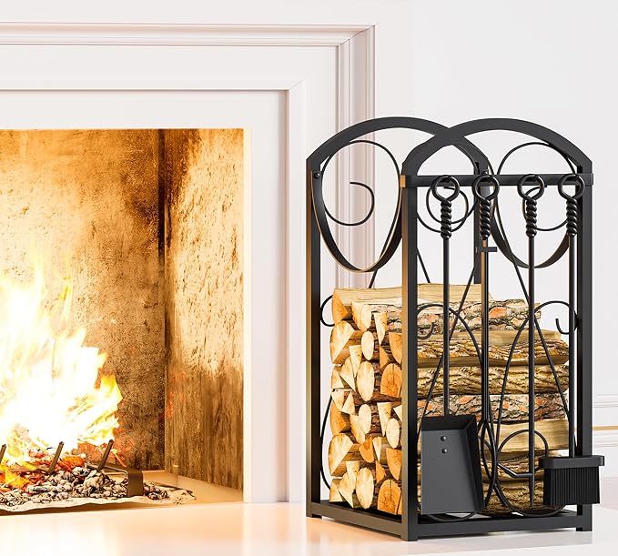 Kingson Firewood Rack Indoor Wood Holders Fireplace Tool Rack Outdoor Log Holder Rack Lumber Storage Stacking Fireplace Tools Set Wood Stove Accessories Black