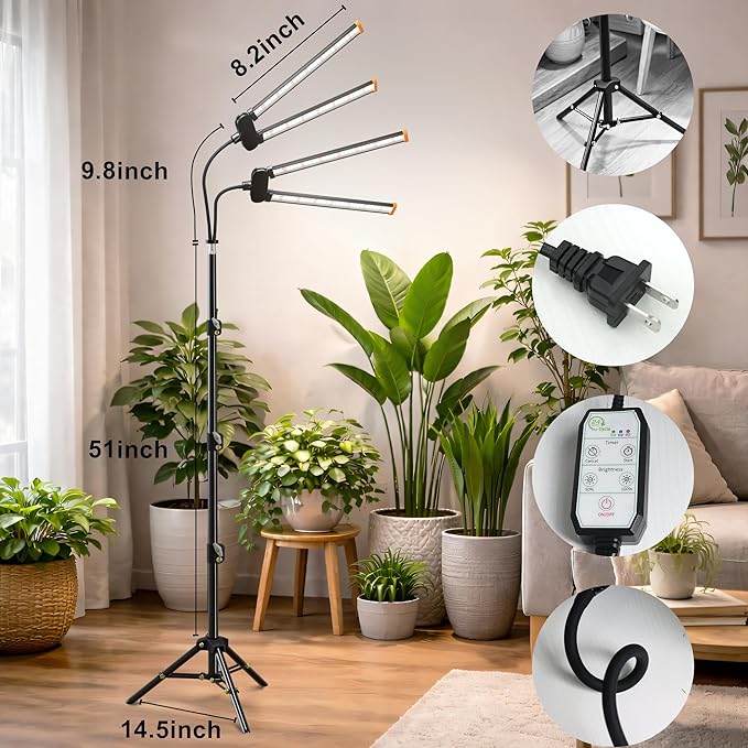 61'' Grow Light Floor Lamp,6000K White Full Spectrum Growing Light for Indoor Tall Large Plants,Half or Full Brightness Dimmable & Auto Timer,Adjustable Height 17-61",