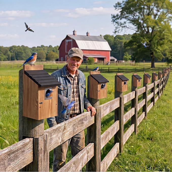 Dreyoo 8 Pack Bluebird Houses for Outside with Metal Predator Guard, 1-1/2" Entrance Hole Wooden Blue Bird Houses for Outdoors, Bluebird Nesting Box with Screwdriver(Black Roof, Burnt Wood Body)