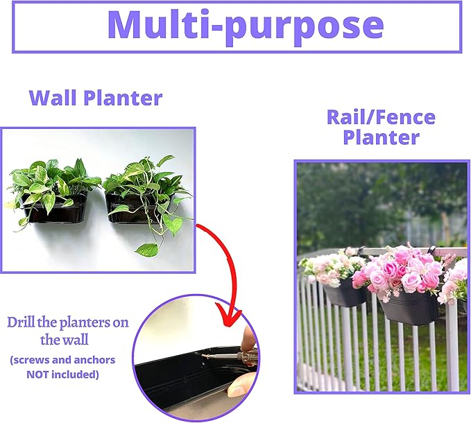 LaLaGreen Outdoor Plants Rail Planter Plants (6 Pack, 11.2 Inch) Black Metal Iron Hanging Flower Pots Deck Railings Fence Buckets Modern Style Wall Mount Window Box Plant Holder with Hooks Porch Decor