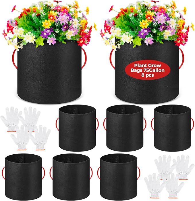 Nuenen 8 Pack 75 Gallon Plant Grow Bags Bulk Breathable Nonwoven Fabric Pot with Handles Heavy Duty Nursery Vegetable Pots with Gloves for Garden Vegetables Potato Plants Flower Growing Planting