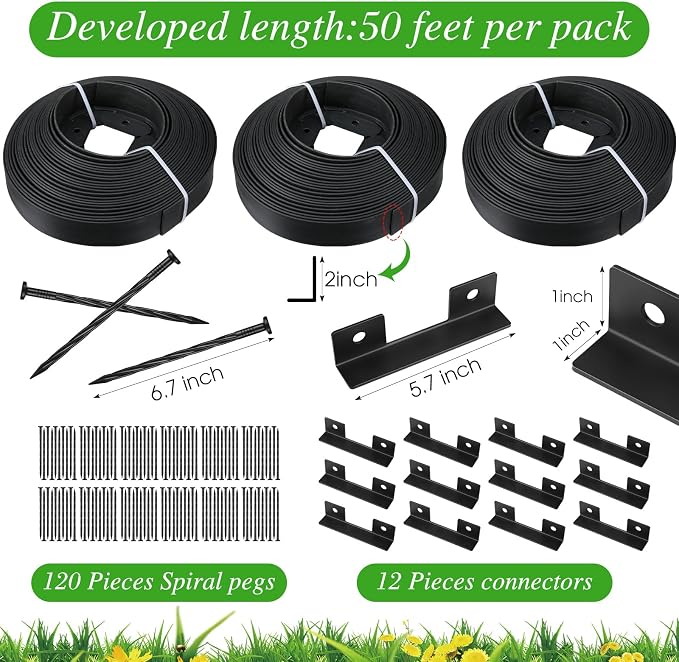 Wesiti 2" x150 Ft Landscape Edging Kit No Dig Garden Edging Border 2 Inch Pavers with 120 Anchoring Spikes Mulch Barrier for Lawn Driveway Flower Bed Playground Yard Grass, PE Black