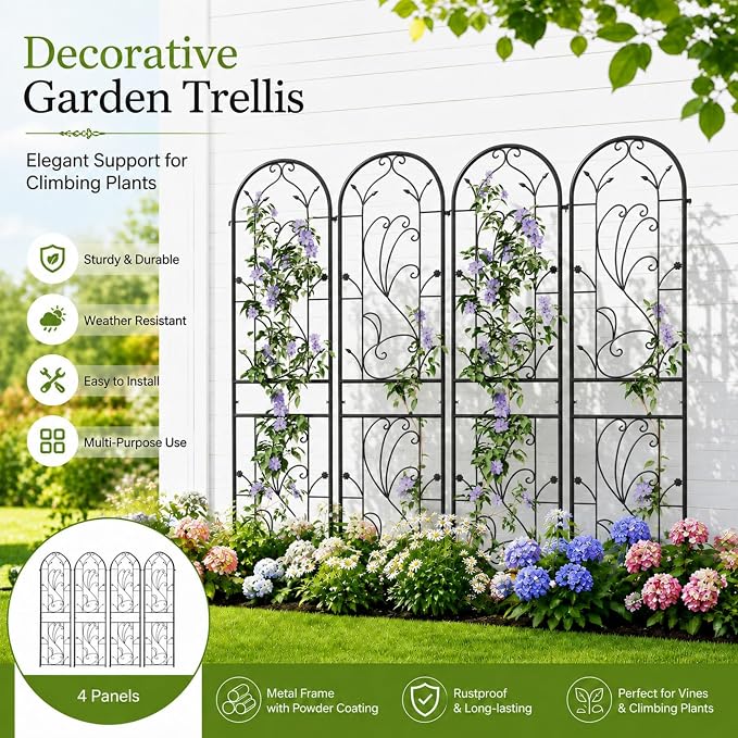2 Pack 87x20in Garden Trellises, Sunflower Black Metal Coated Rustproof Trellis for Climbing Plants Outdoor, Roses, Vegetables, Vines, Cucumbers