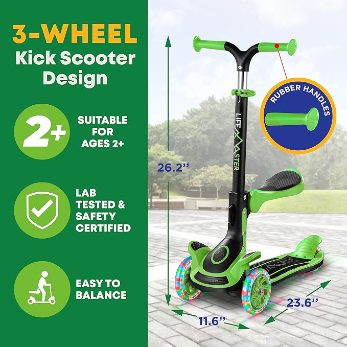 3 Wheel Scooter for Kids with Foldable Seat, Adjustable Handlebar Height, Lean-to-Steer Ride On Toy for Kids Ages 2+, Light-Up LED Wheels, Wide Anti Slip Deck, Indoor & Outdoor Use