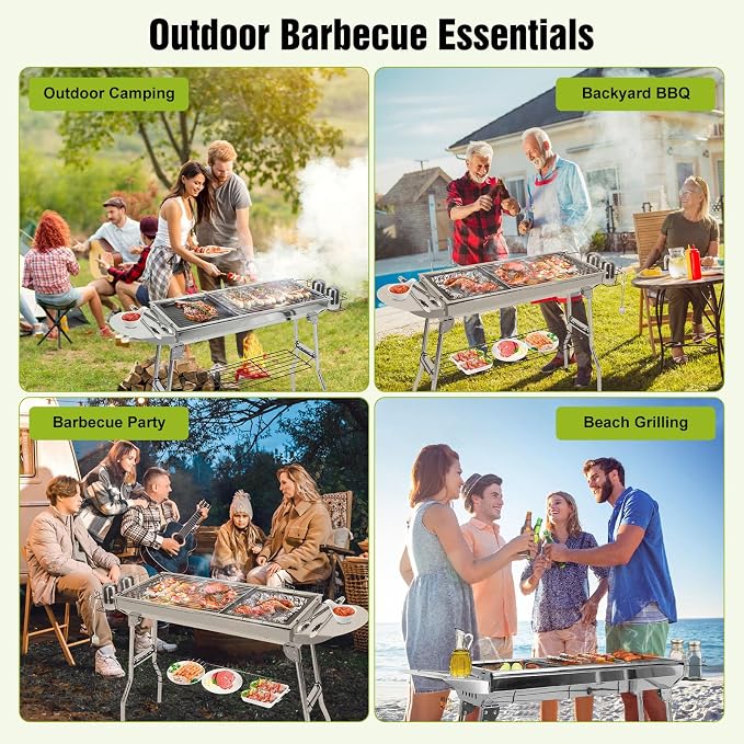 Portable BBQ Grill, Foldable Charcoal Grill Lightweight Smoker Grill for Outdoor Cooking Camping Hiking Picnics Tailgating Backpacking Party (Large gril(39x13.4x28"))