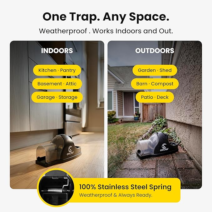OWLTRA in-/Outdoor Safe Tunnel Snap Mouse Trap 2PCS, Instant Eliminate Rodent Snap Trap with Clear Tunnel Entry, Touch-Free Release, and Powerful Snap, Black, TST-217