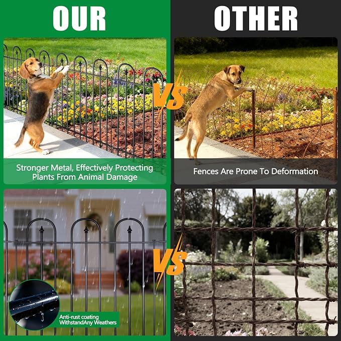 Garden Fence Animal Barrier - 10 Panels, 32 in(H) x 24 ft(L) No Dig Garden Fence, Arched Decorative Garden Fence Border with Ground Stakes, Rustproof Metal Fencing for Yard Patio Dog Rabbit