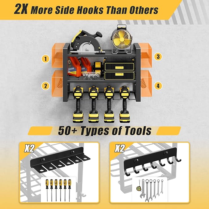 Jusgym Power Tool Organizer Wall Mount |150lbs Garage Tool Storage Rack with 4 Cordless Drill Holder |3-Tier Heavy Duty Garage Organization |Gifts for Men