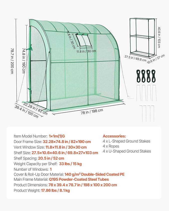 VEVOR Walk-in Greenhouse, 78" x 39.4" x 78.7" Greenhouse for Outdoors with Window, PE Cover, 3-Tier Shelf, Roll-Up Zipper Doors, Walk in Green House Kit, Portable Plant Garden Hot House for Backyard