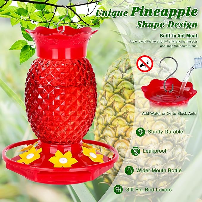 Fchstaer Glass Hummingbird Feeders for Outdoors Hanging Ant and Bee Proof 16OZ 1 Pack Red Pineapple Humming Bird Feeder with 6 Feeding Ports and Ant Moat Hummingbird Gifts for Women Garden Decor