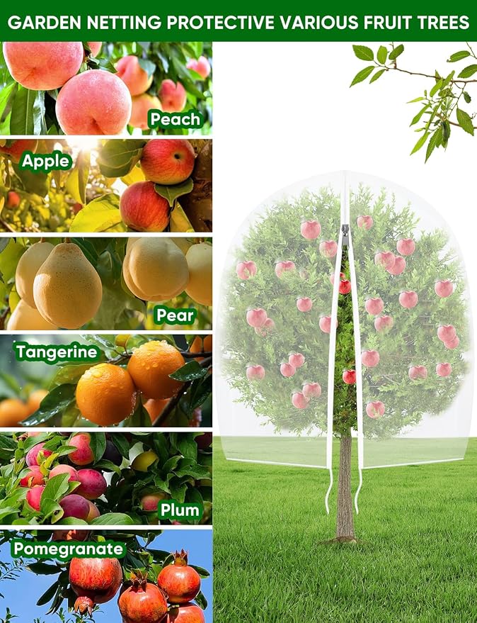 Fruit Tree Netting with Zipper - 4Pcs 5.3 x 8 FT Garden Bird Netting for Blueberry Bushes with Drawstring,Insect Plant Protection Mesh Net Bags for Tomato,Flowers,Animals,Cherry (4, 5.3 x 8 FT)