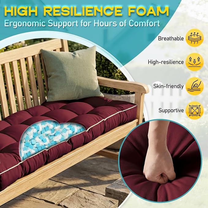 Outdoor Bench Cushion, Tufted Patio Seat Pad for Garden Bench, Porch Swing, Indoor/Outoor Furniture (Red, 48X18X4 inch)