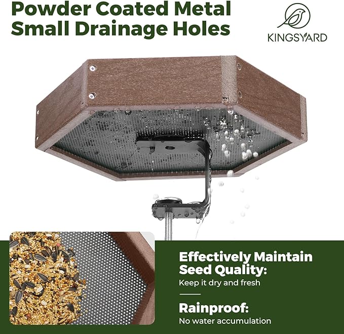 Kingsyard Clamp-On Deck Bird Feeder 11in Hexagon, Adjustable Balcony Railing Clamp 2.2in No-Drill, Recycled Plastic Seed Tray Metal Mesh Drainage Easy-Clean 3 lb, Brown
